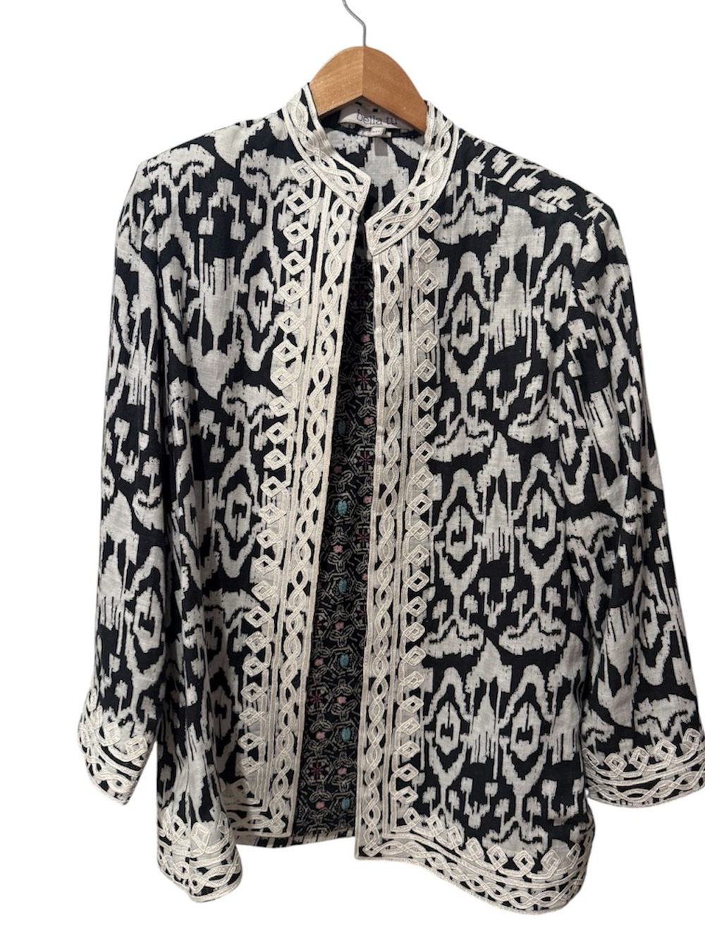 Bella Tu 100% Linen Blue White Ikat Embroidered Open Front Jacket Luxury XXL